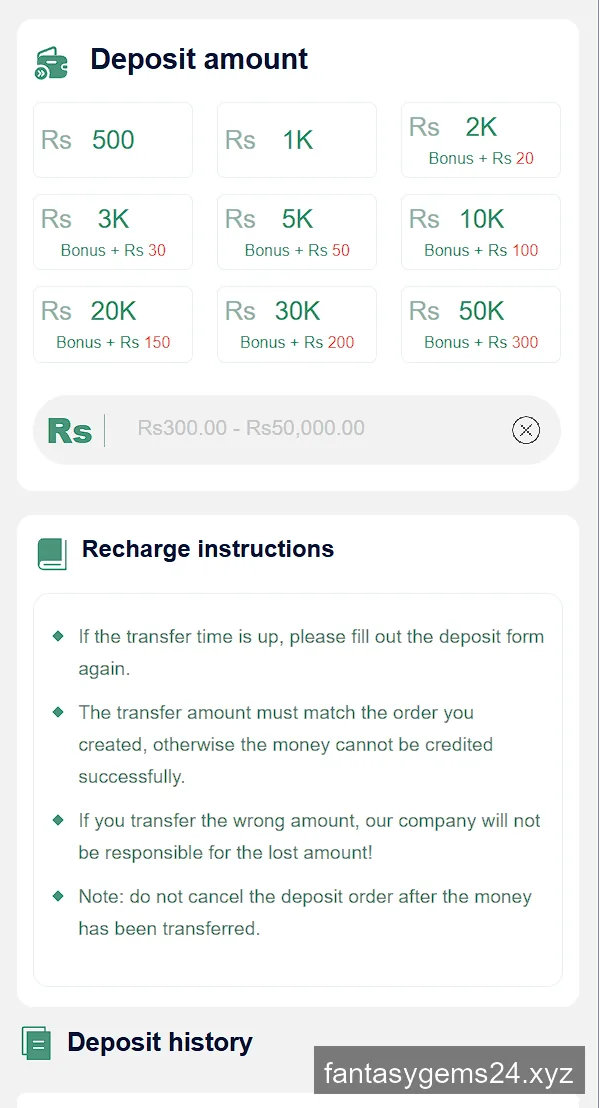 Fantasy Gems deposit tiers from Rs 500 to Rs 50000 showing bonus amounts