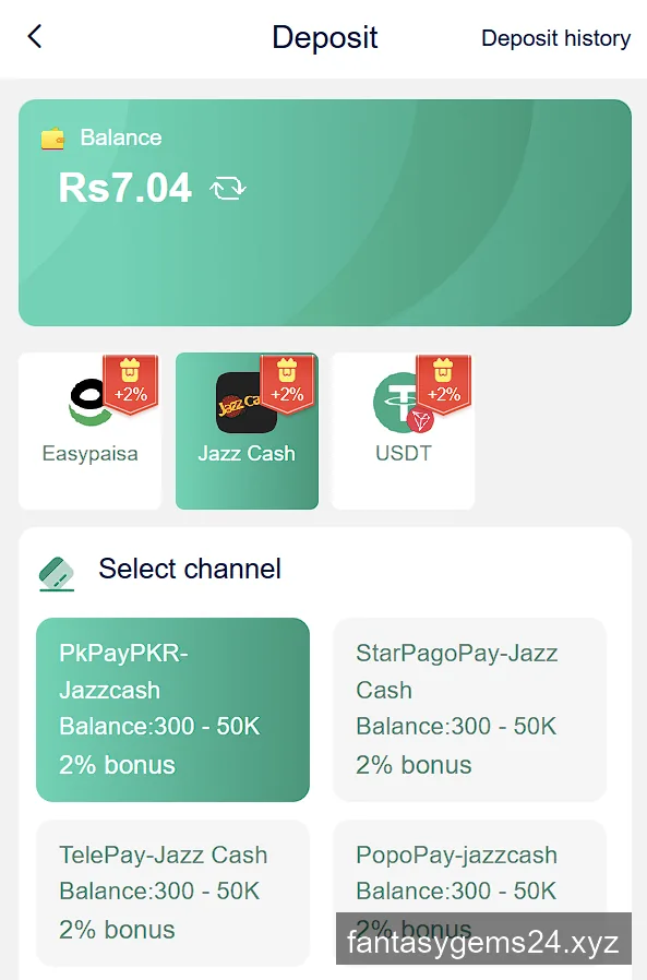 Fantasy Gems deposit screen with Easypaisa, JazzCash and USDT each carrying a 2 percent bonus