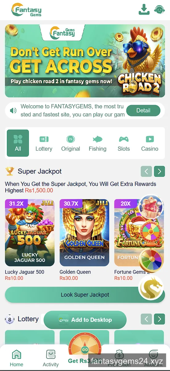 Fantasy Gems lobby on a phone showing Lottery, Slots and Casino tabs with JILI games