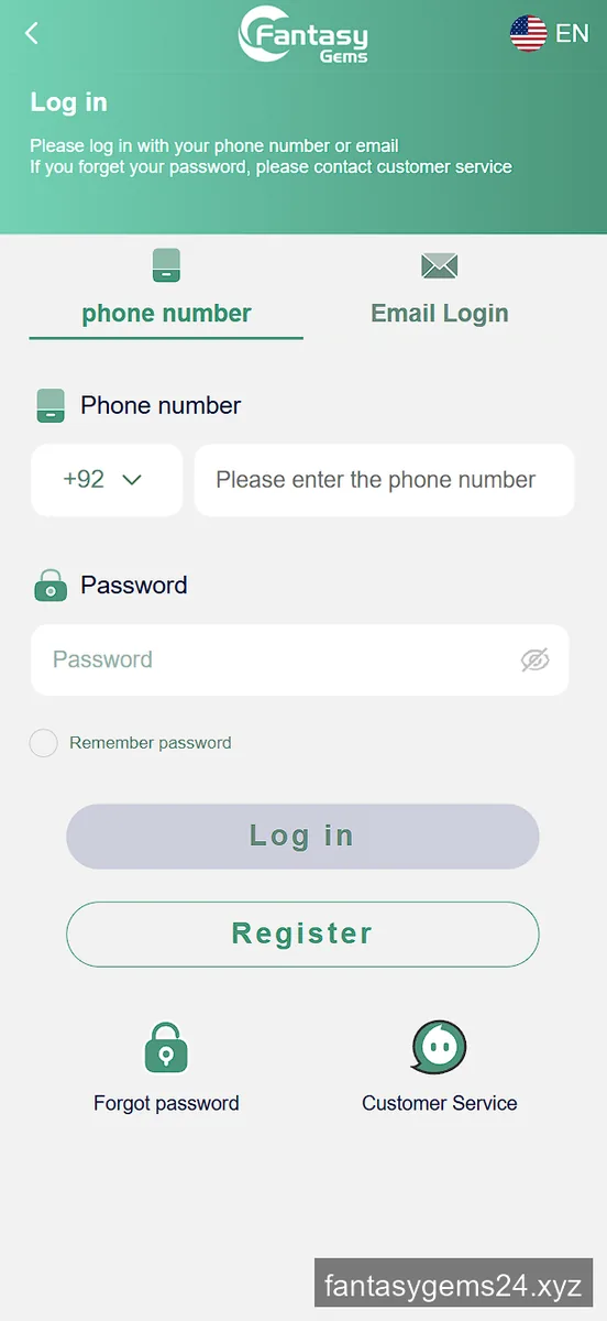 Fantasy Gems login screen with phone number and email login tabs