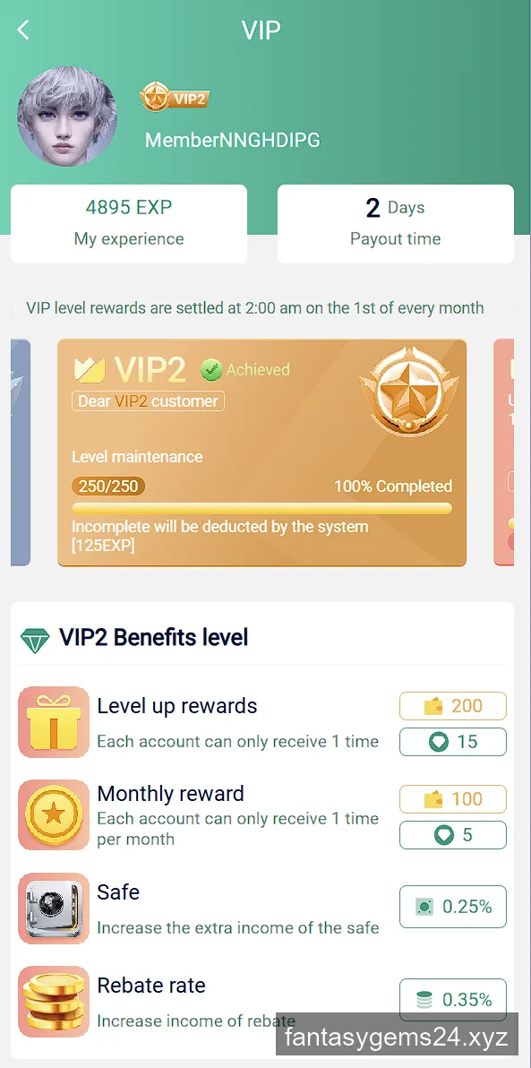 Fantasy Gems VIP2 page showing 0.35 percent rebate rate and level maintenance requirement