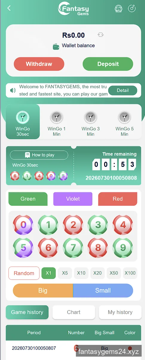 Fantasy Gems WinGo 30 second colour prediction board with green violet and red betting options