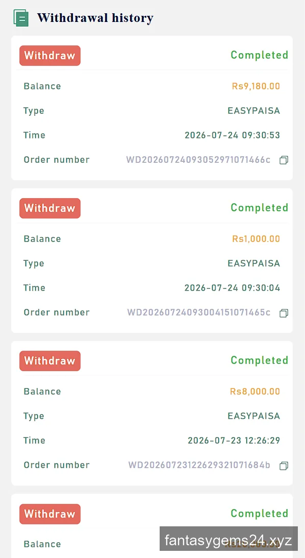 Fantasy Gems withdrawal history showing completed Easypaisa payouts of Rs 9180, Rs 1000 and Rs 8000